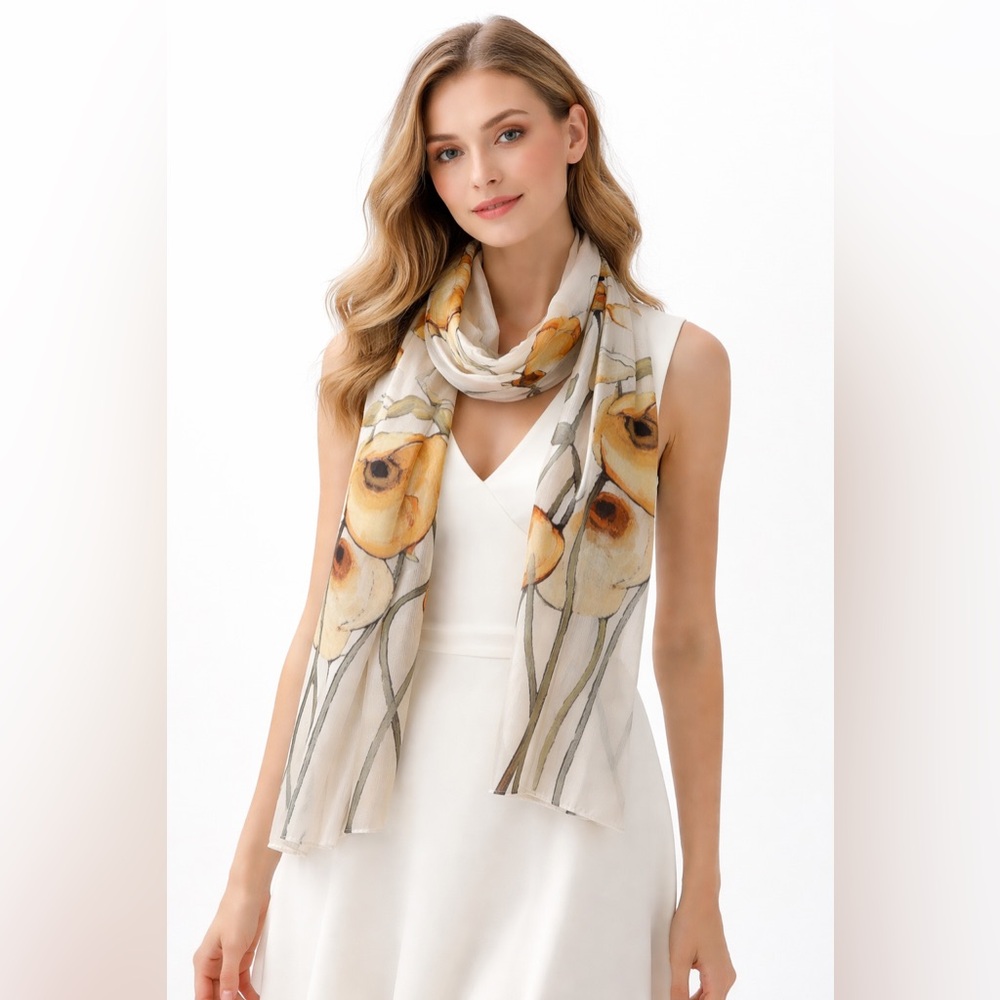 100% Silk Long Scarf cream with big yellow/mustard color flowers 23.5 x 65.5 in.